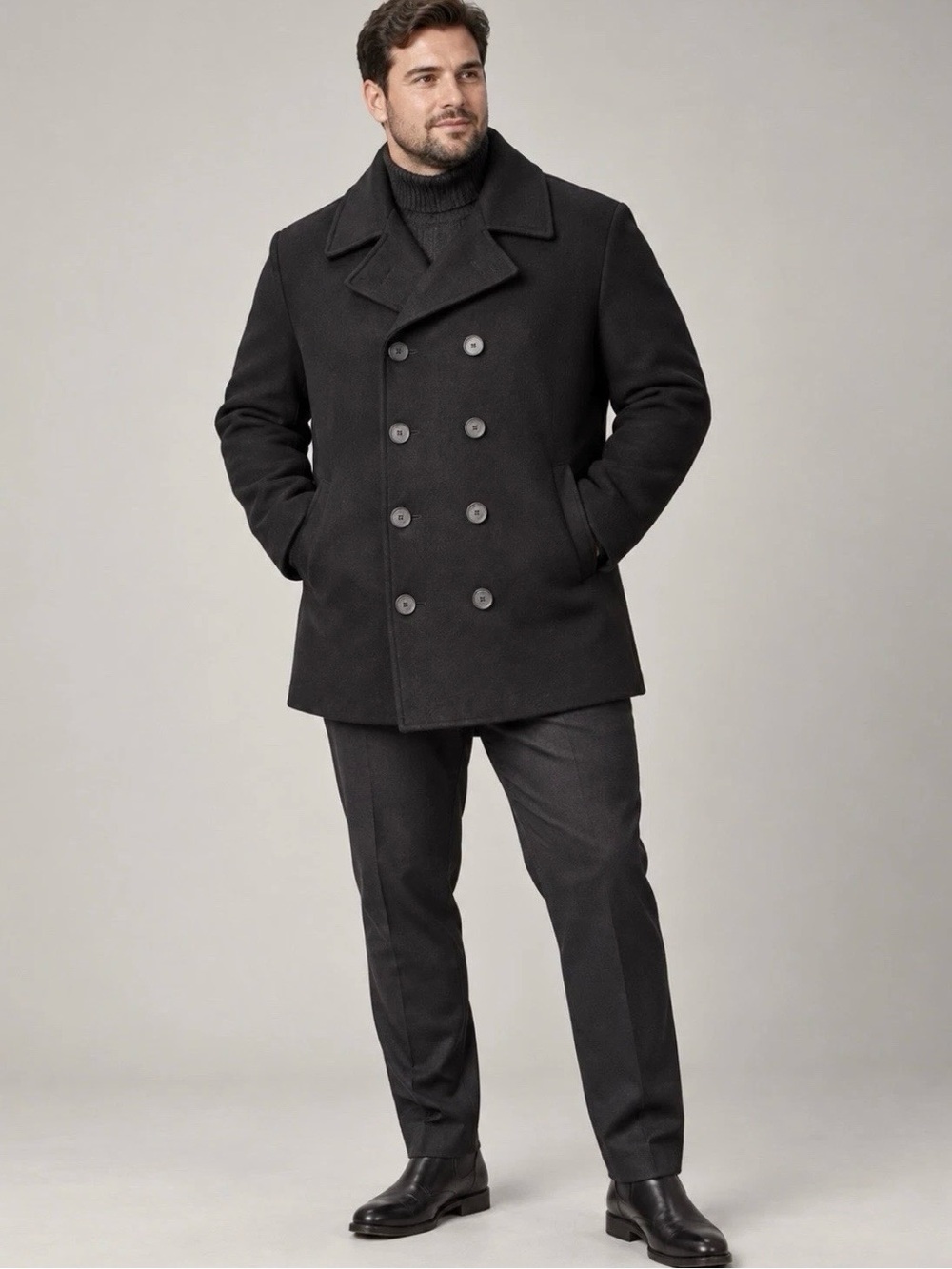 Calvin Klein Men’s XL Black Wool Double Breasted Peacoat Quilted Lined